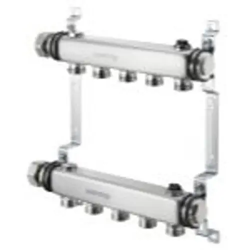 Hydraulischer Abgleichverteiler aus Edelstahl mit mehreren Anschlüssen, montiert auf Halterungen, für Heizkoerperanwendungen.